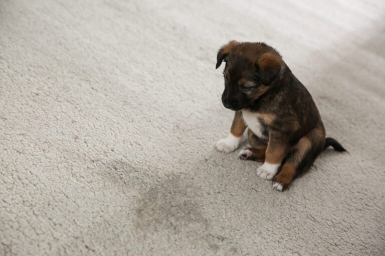 Small brown puppy, sitting near and looking at a urine spot on the carpet