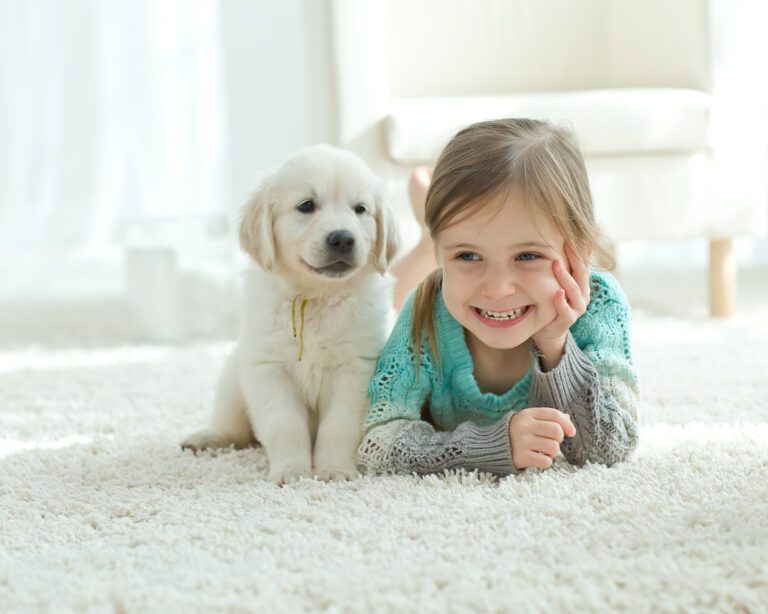 Smiling girl laying on white carpet next to a golden retriever puppy