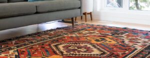 Closeup of an area rug with red patterns