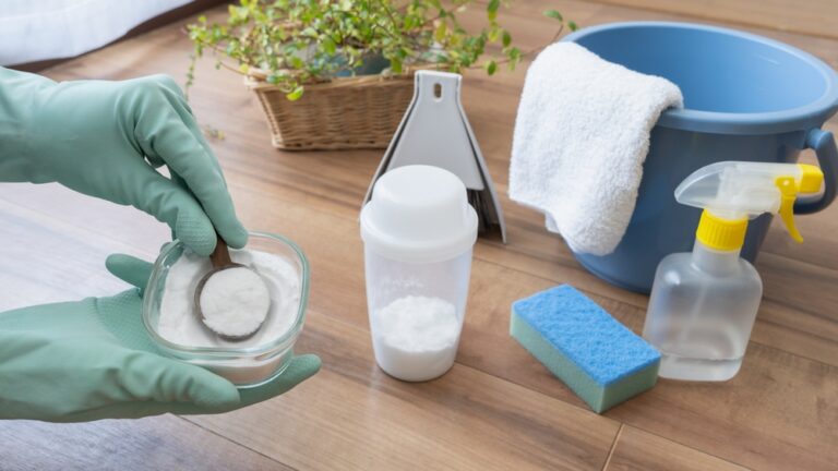 Baking soda container, spray bottle, brush, and bucket in the background